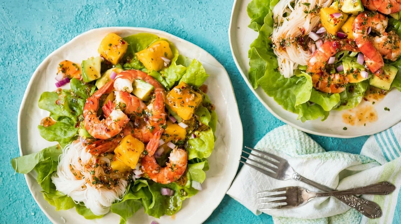 Thailändsk räk-, mango- och avokado-nudelsallad
